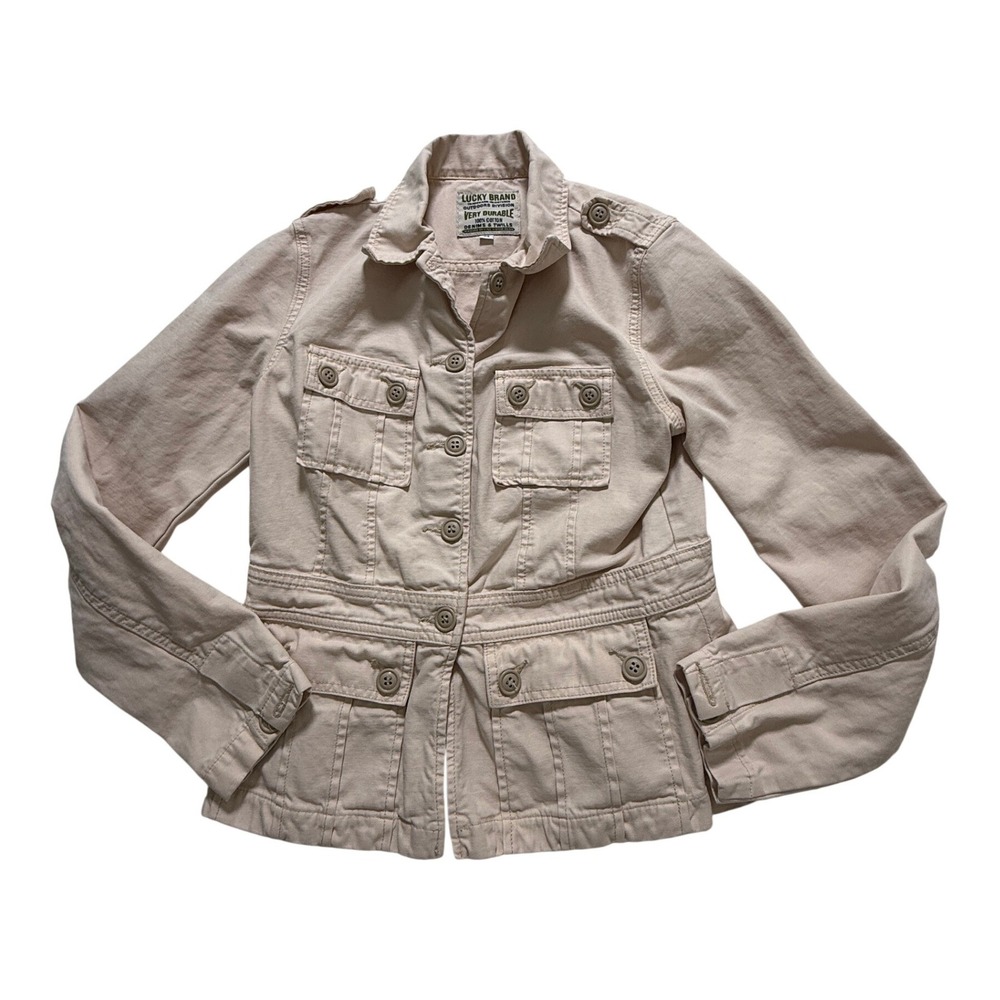Lucky Brand Utility Jacket Women Size M Beige‎ Military Cotton Twill F897020